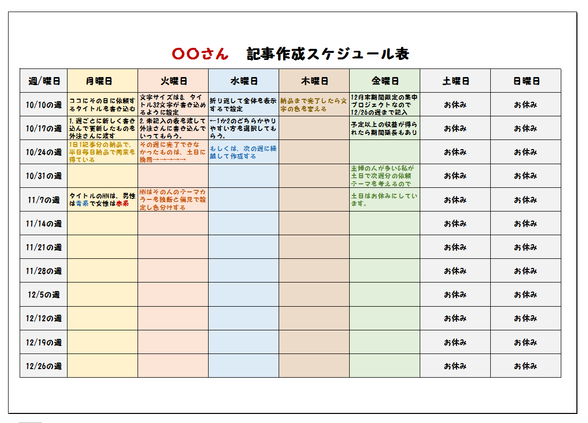 記事作成スケジュール表